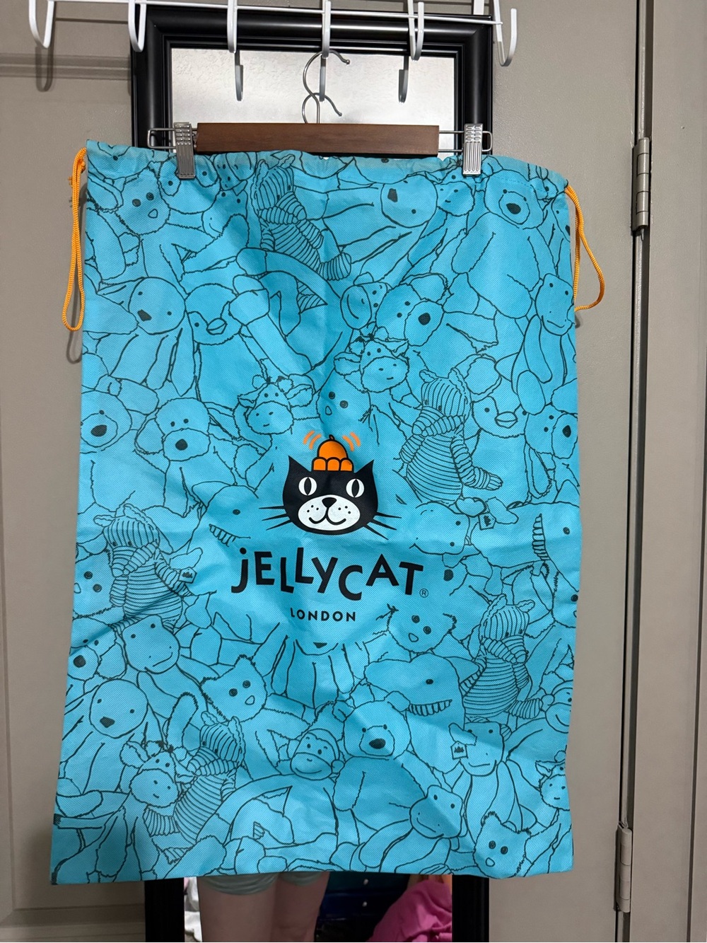 Jellycat Bright Aqua Drawstring Bag with Orange Accents
